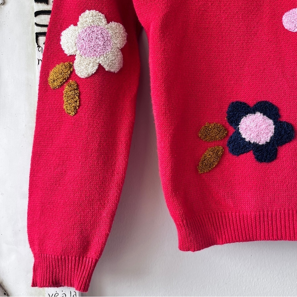 Monoprix Kids Bio Retro Red Floral Crewneck Pullover Sweater Size 6 - Picture 4 of 8